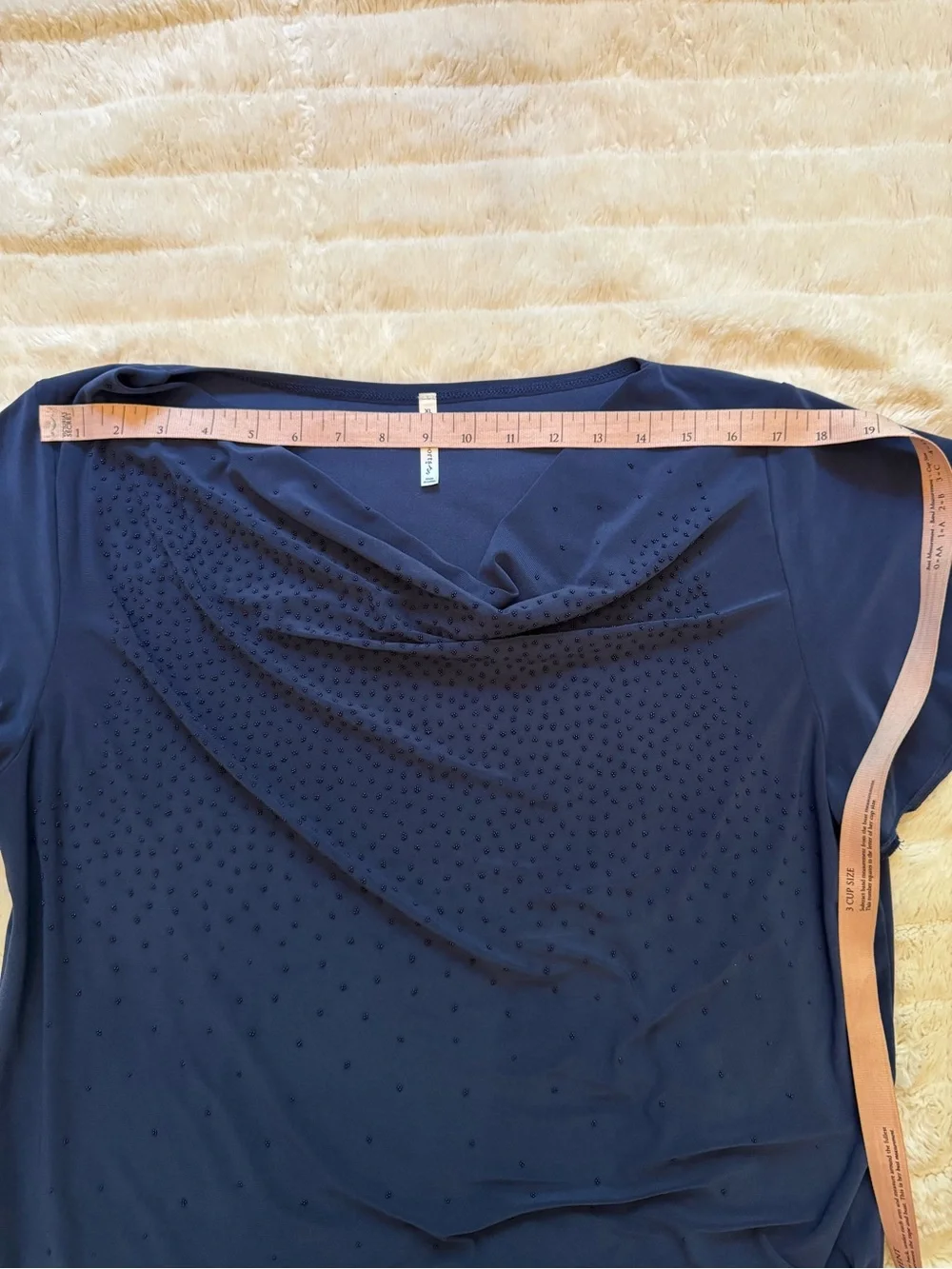 Passport Navy Beaded Cowl Neck Short Sleeve Blouse